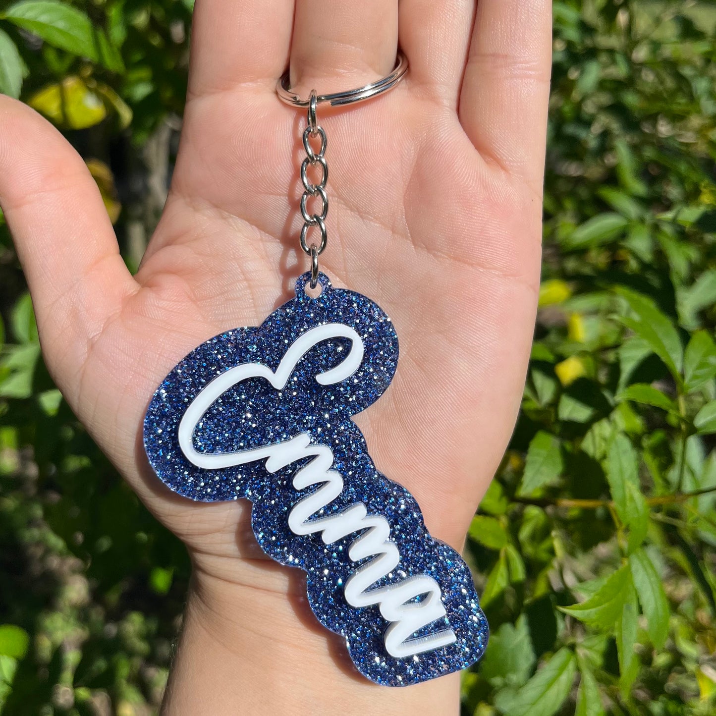 Electric Blue Glitter Block and Script Acrylic Keychain
