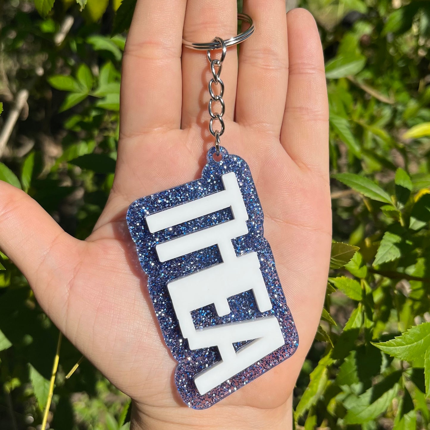 Electric Blue Glitter Block and Script Acrylic Keychain