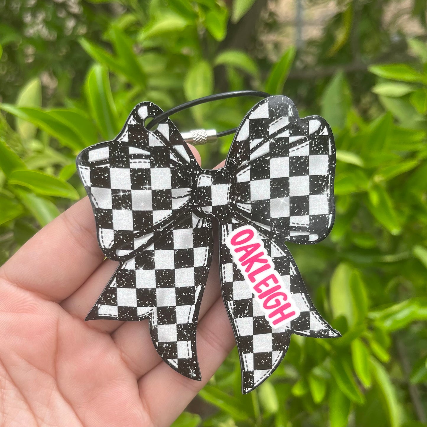 Glitter Checkered Bow MDF Bag Tag
