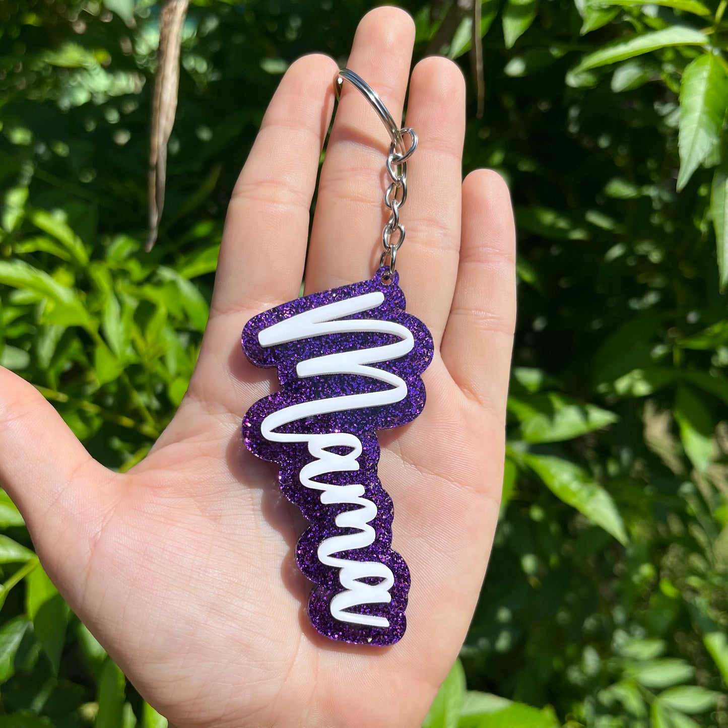 Purple Glitter and White Acrylic Keychain