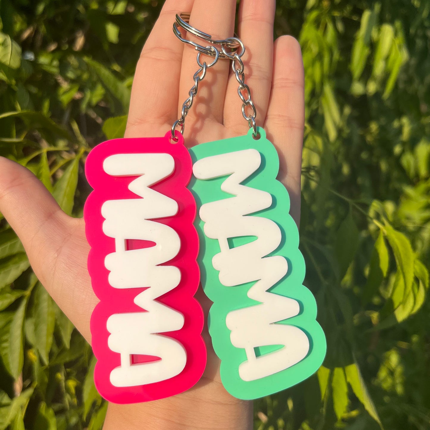 Pink and Turquoise Mint Groovy Party Mama Keychain