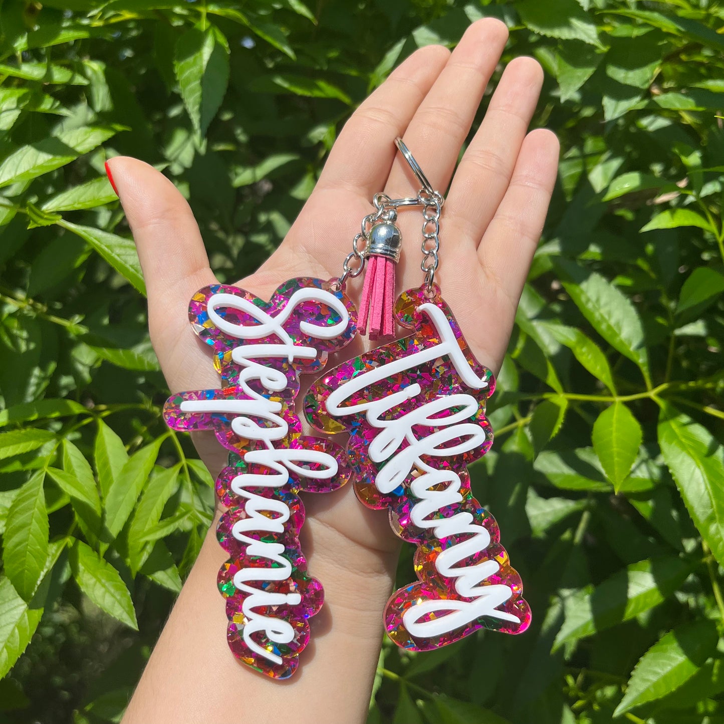 Personalized White and Pink Confetti Acrylic Keychain