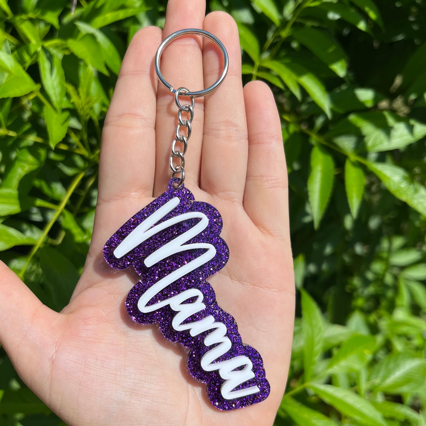Purple Glitter and White Acrylic Keychain