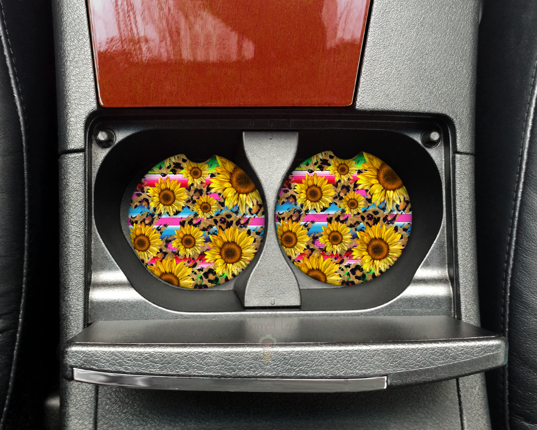 Sunflower Leopard Serape Car Coasters