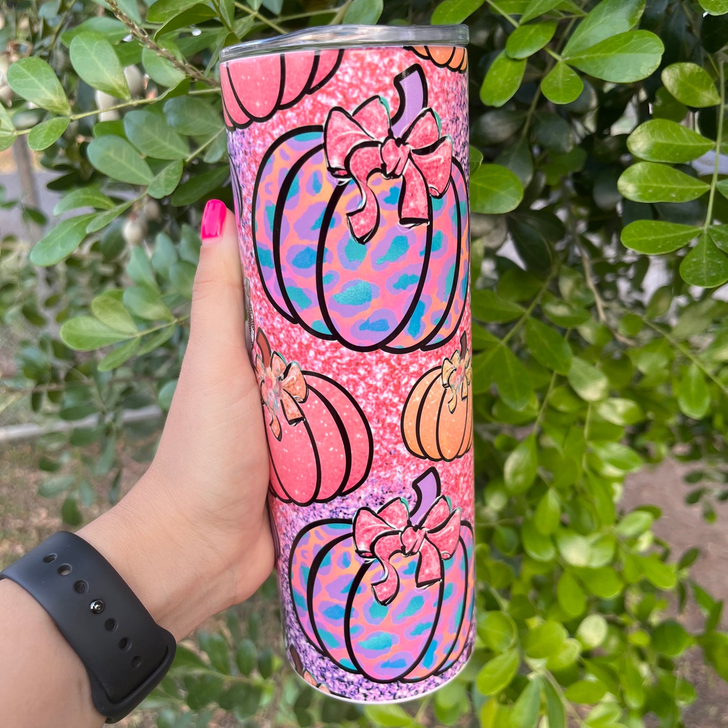 Pink Pumpkin Bow Polka Dot Glitter 20oz Tumbler