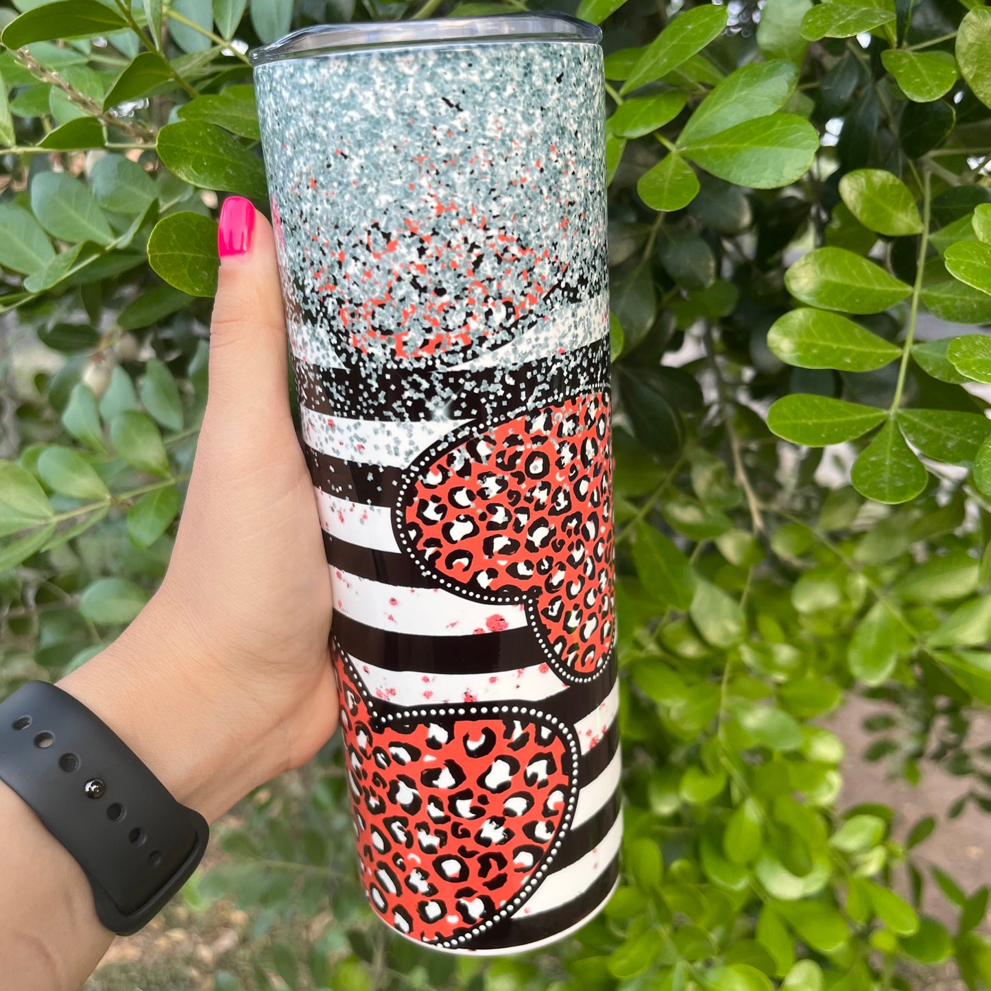 Red Heart Black and White Stripes Silver Glitter 20oz Tumbler