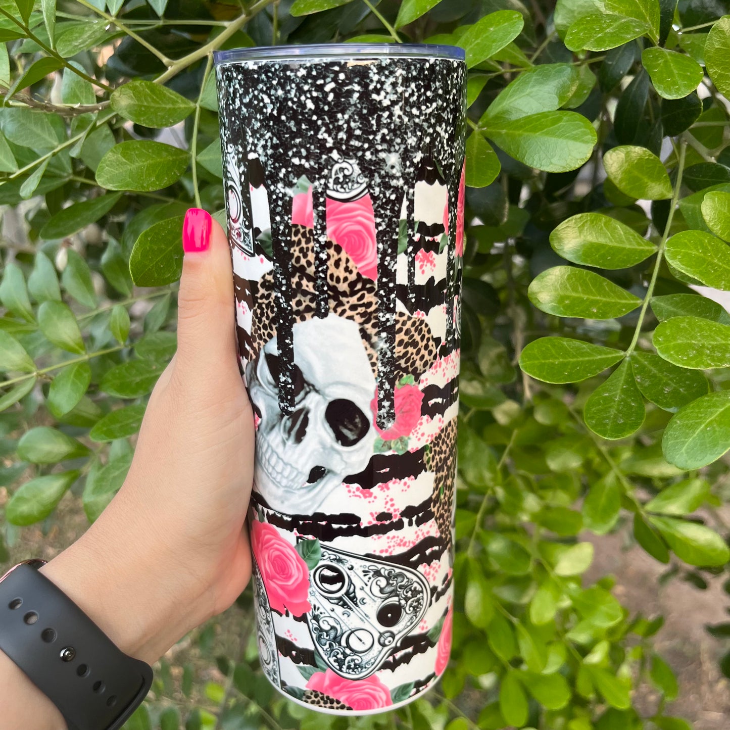 Pink Leopard Skull Black and White Stripes Glitter 20oz Tumbler
