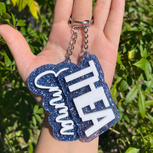 Electric Blue Glitter Block and Script Acrylic Keychain