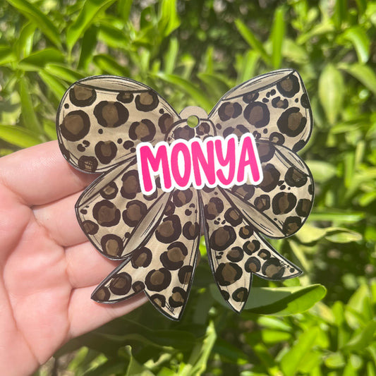 Leopard Bow Pink MDF Bag Tag