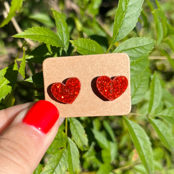 RTS Red Glitter Acrylic Valentine’s Day MEDIUM Heart Earring Studs