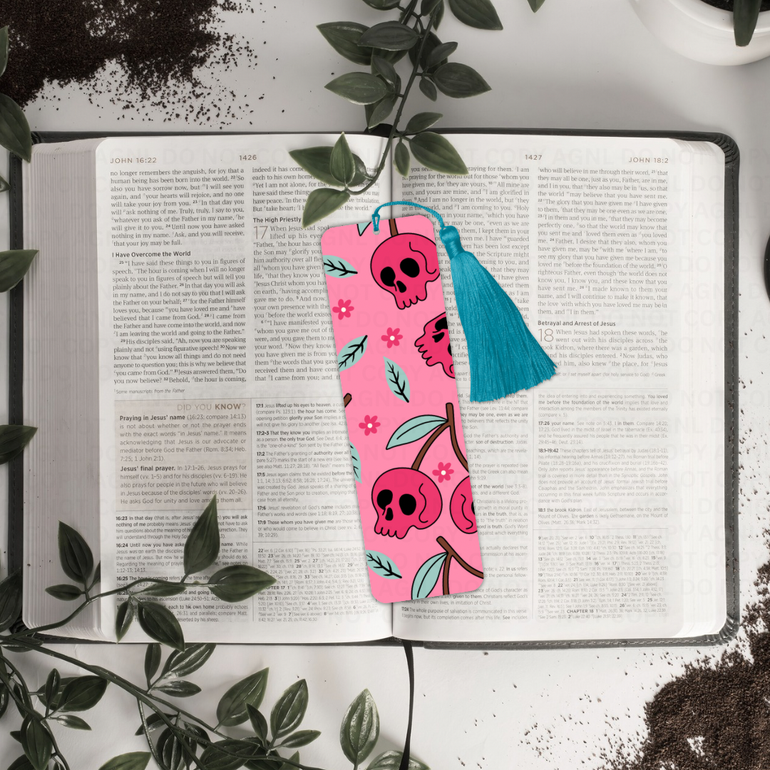 Pink Cherry Skull Bookmark With Tassel