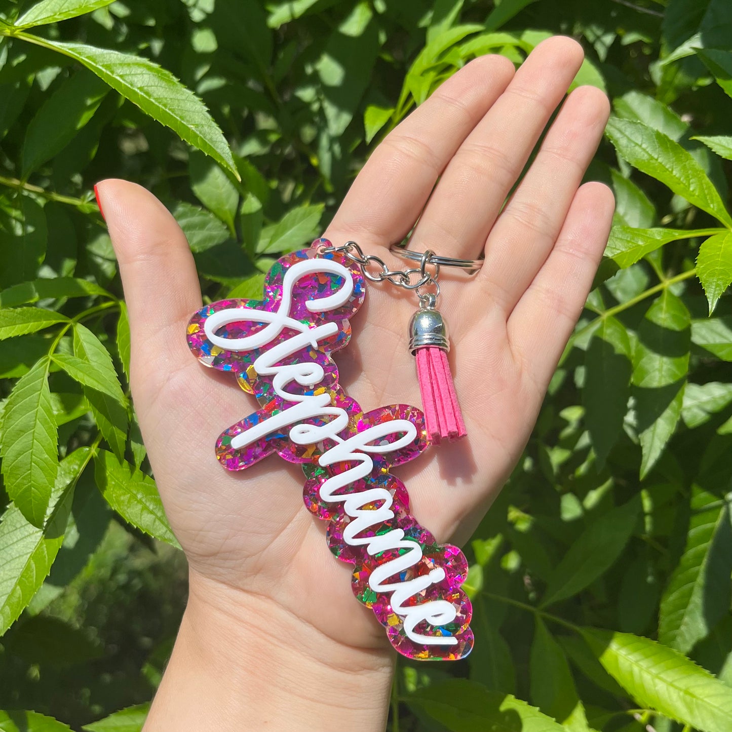 Personalized White and Pink Confetti Acrylic Keychain