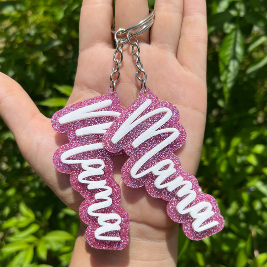 New Pink Glitter & White Acrylic Keychain