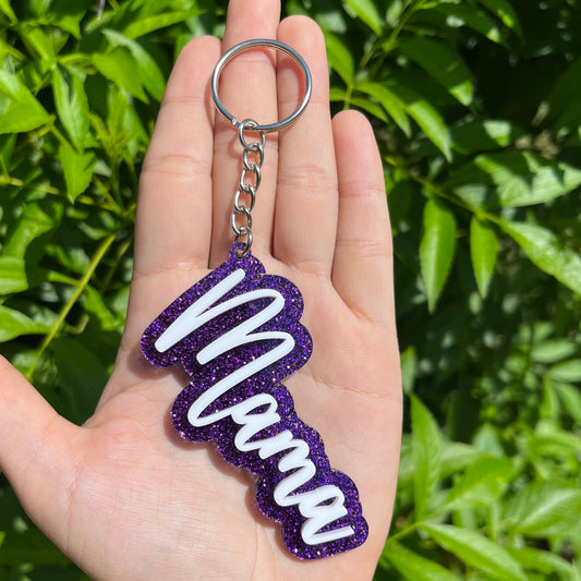 Purple Glitter and White Acrylic Keychain