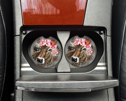 Cow Floral Leopard Print Car Coasters