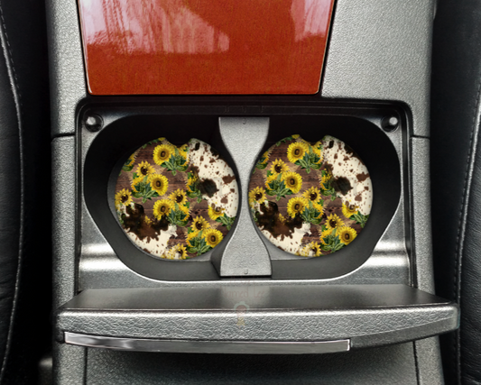 Sunflower Cow Print Car Coasters