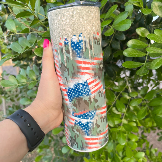 Flag Red White and Blue Gold Glitter 20oz Tumbler