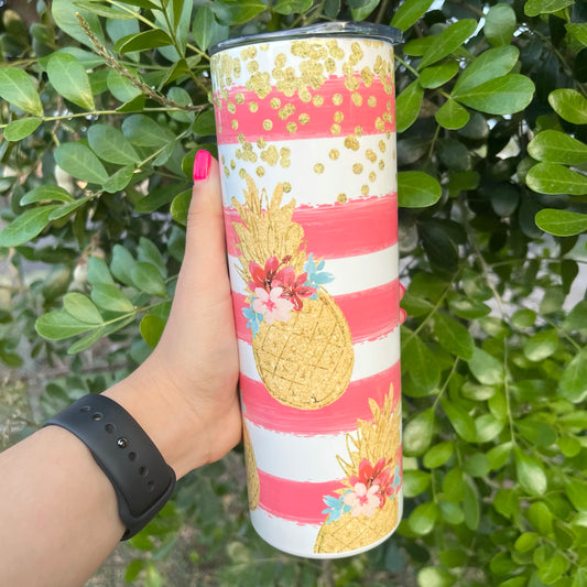 Pineapple Pink Stripes Gold Glitter 20oz Tumbler