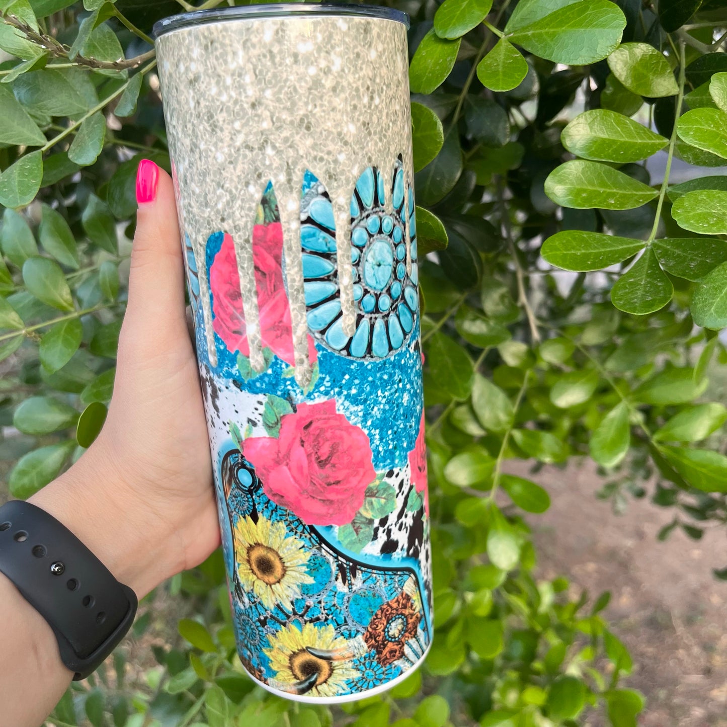 Turquoise Rose Sunflower Gold Glitter Western 20oz Tumbler