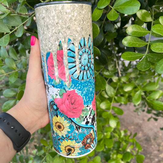 Turquoise Rose Sunflower Gold Glitter Western 20oz Tumbler
