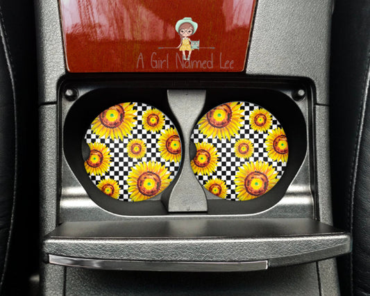 Sunflower Black and White Checkered Car Coasters