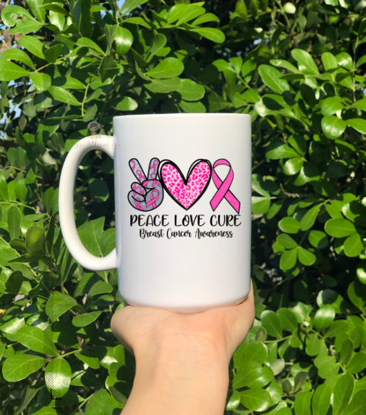 Peace Love Cure Breast Cancer Awareness Mug