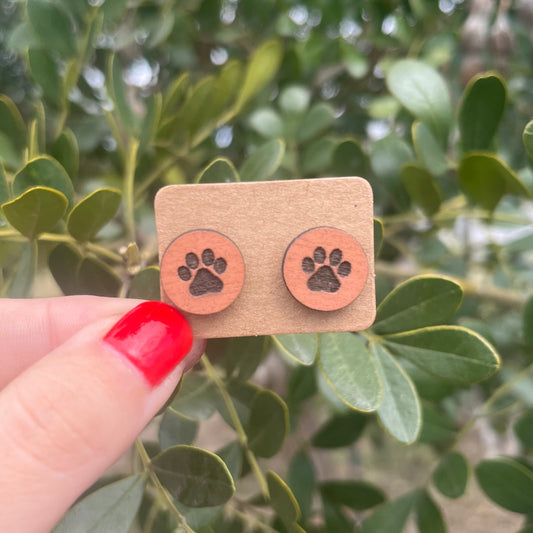 Paw Print Circle Wood Stud Earrings
