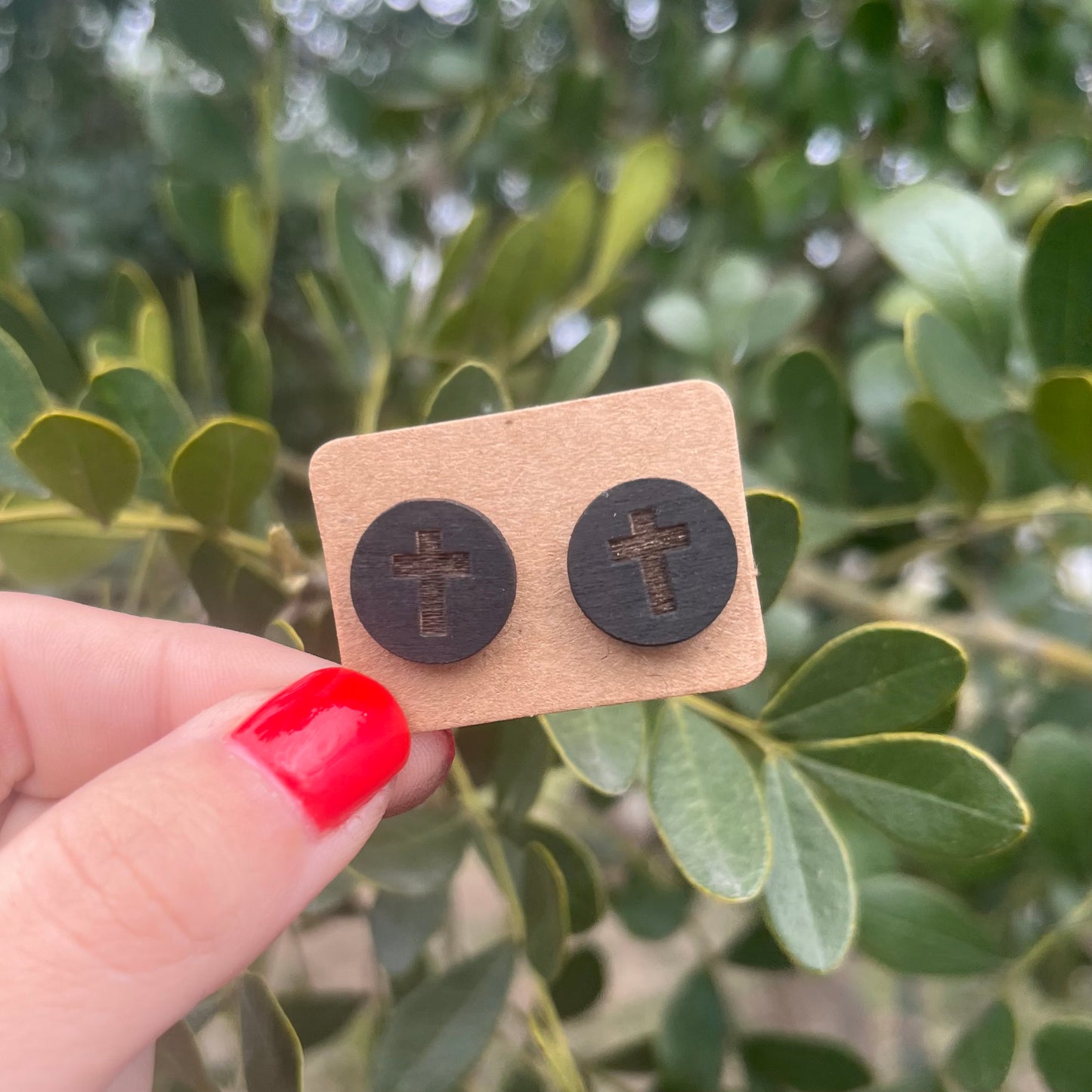 Cross Circle Wood Stud Earrings