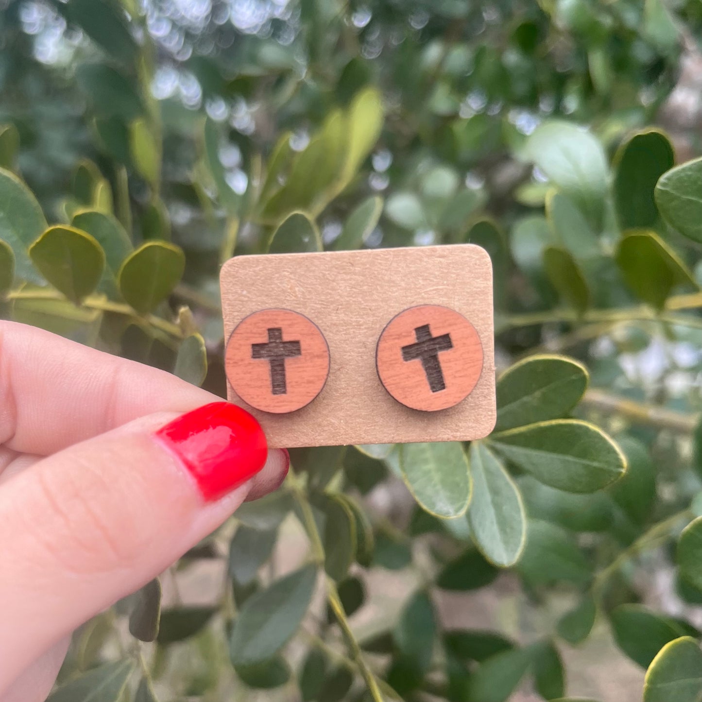 Cross Circle Wood Stud Earrings